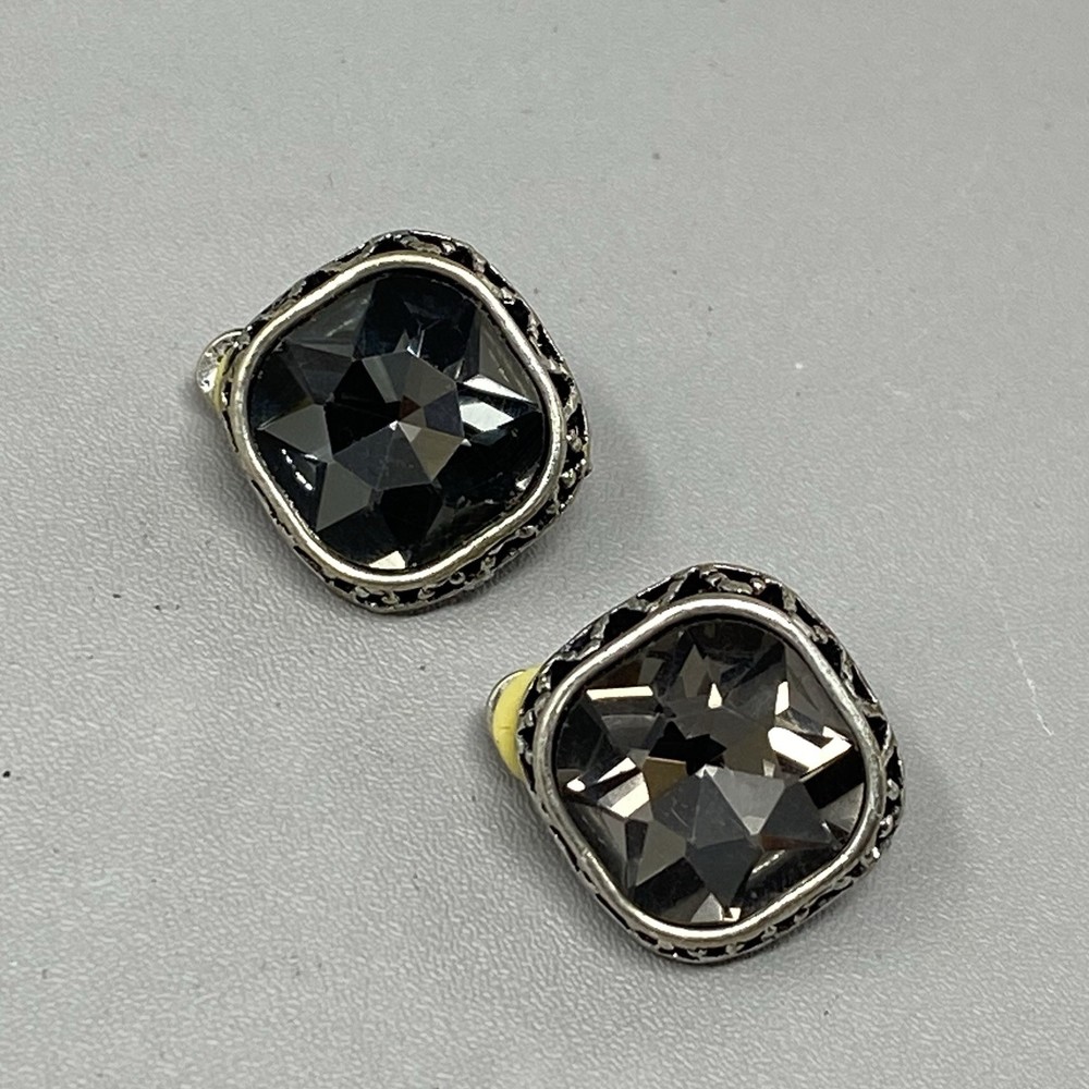 Smoky Gray Glass Rhinestone Stud Earrings Clip On Silver Tone Geometric Edge .75