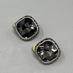 Smoky Gray Glass Rhinestone Stud Earrings Clip On Silver Tone Geometric Edge .75