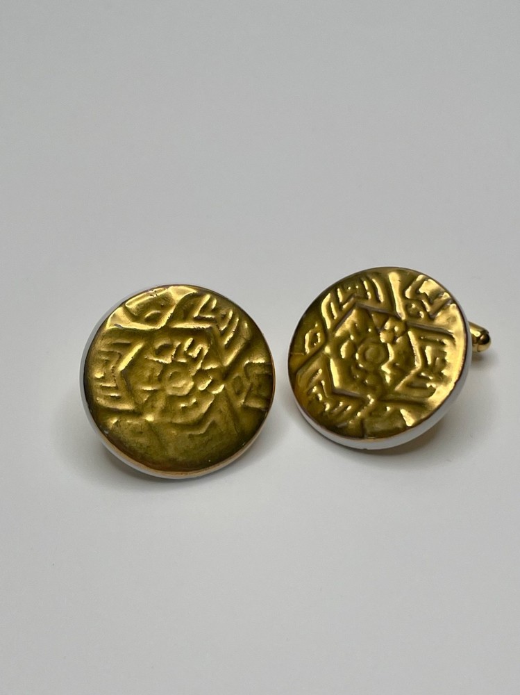 Vintage Brutalist Gold Tone Coin White Disc Mid Century England Cufflinks