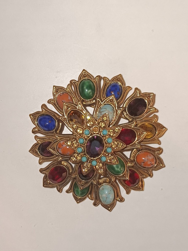Vintage Graziano Gold Tone Multi Gem 3D Floral Burst Brooch