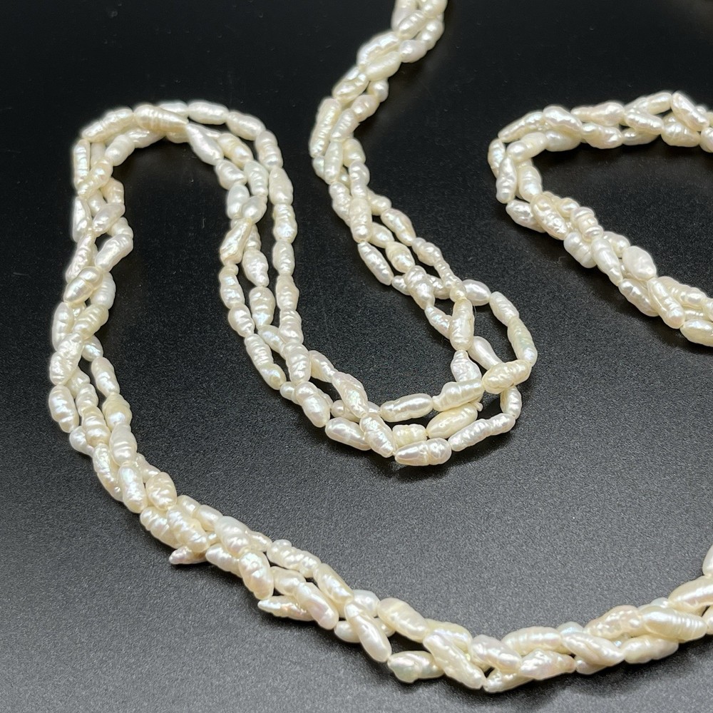 Vintage Freshwater Rice Pearl Necklace 3 Strand Twisted 28 in