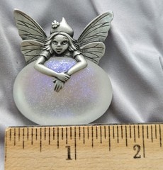 VTG JJ JONETTE Pewter Pin Brooch Winged Fairy Purple Sparkles Crystal Ball 1.75″