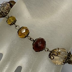 Glass Bead Bracelet Antique Gold Tone Yellow Red Faceted Surface Coated 7.25