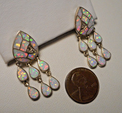 Beautiful Sterling & Opal Mosaic Pierced Earrings w Triple Drops post style
