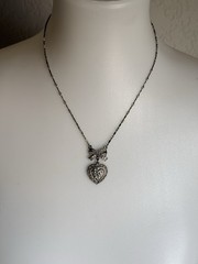 Vintage 1928 Heart And Bow Pendant Necklace Silver Tone Marcasite Accents 17”in