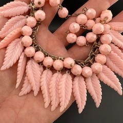 Vintage Pink Leaf Fringe Choker Necklace Carved Acrylic Beaded Chain Cha Cha