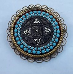 VTG Art Deco Framed Ornate Lucite Marcasite Blue Turquoise Brooch Trombone Clasp