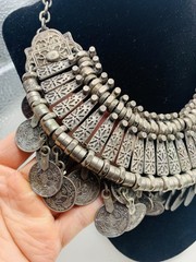 Vintage Silver Tone Boho Ethnic Tribal Coin Coachella Fringe Statement Necklace