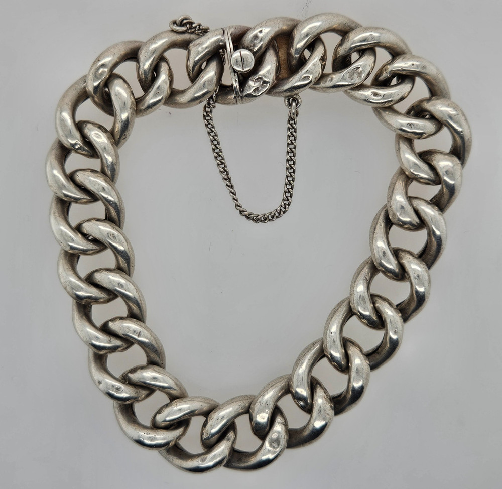 Sterling Silver CHUNKY CURB LINK Charm Bracelet Size 7 Vintage 21 grams