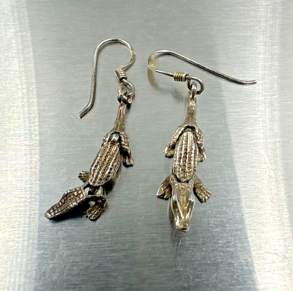 Vtg Alligator 925 Sterling Silver Articulated Dangle Earrings ~1.5 Inches Long