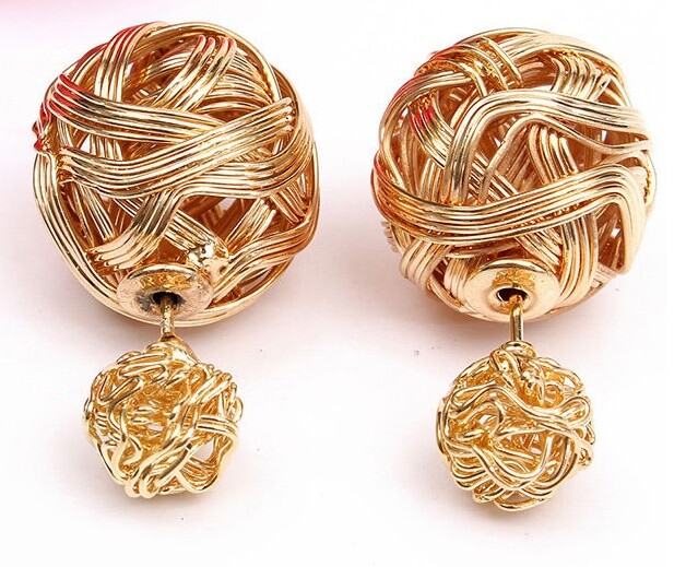 1 Pair Women’s Double Sided Two Ball Stud Pearl Earrings – Gold