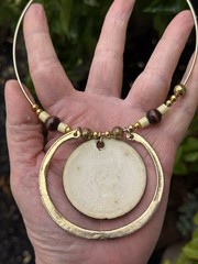 Vintage Gold Tone Statement Artisan Ceramic Pendant Choker Bead Necklace