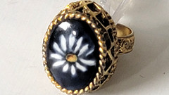 Vintage Blue Glass Ring Floral Dome Gold Tone Metal Band Adjustable Etched