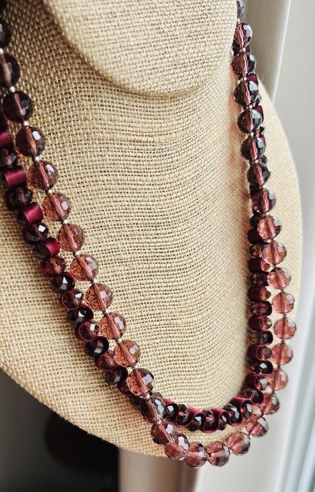 Vintage Beaded Plum Burgundy Glass Crystal Layered Silver Jeweled Clasp Necklace