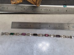 Vtg Two Tone Sterling and 14kt Gold Gemstone Tennis Bracelet 10g 7″ 6mm