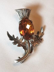 Vintage Sterling Silver Scottish Thistle Brooch With Gold Oval Rhinestone