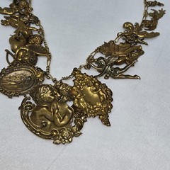 VINTAGE BRASS CHAIN NECKLACE W/21 LOVE CHARMS CUPIDS ANGELS FAIRIES