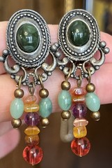 Vintage Green Peking Multicolored Glass Dangle Drop Clip On Earrings 2.25”