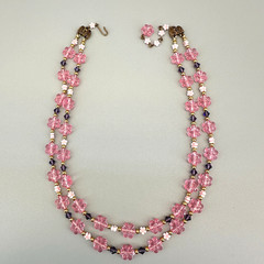 Vintage Flower Bead Necklace Pink Lucite Double Strand Gold Tone Findings Hippy