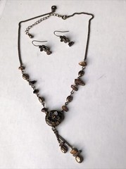Tiger’s Eye Flower Stone Chip Brass Necklace Earring Set Signed NR Nancy & Rise