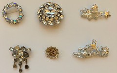 Vintage Jewelry Brooch Lot 6pc Signed AJC Silver Tone Rhinestone AB Wreath Pin