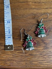 Vintage 90s Silver Christmas Bell Enamel Hanging Earrings Green Red
