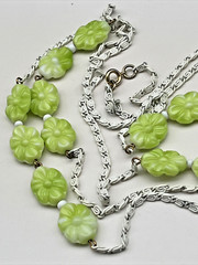 Vtg Flapper Length Poured Glass Gripoix Bead Lime Green Flower MCM Long Necklace
