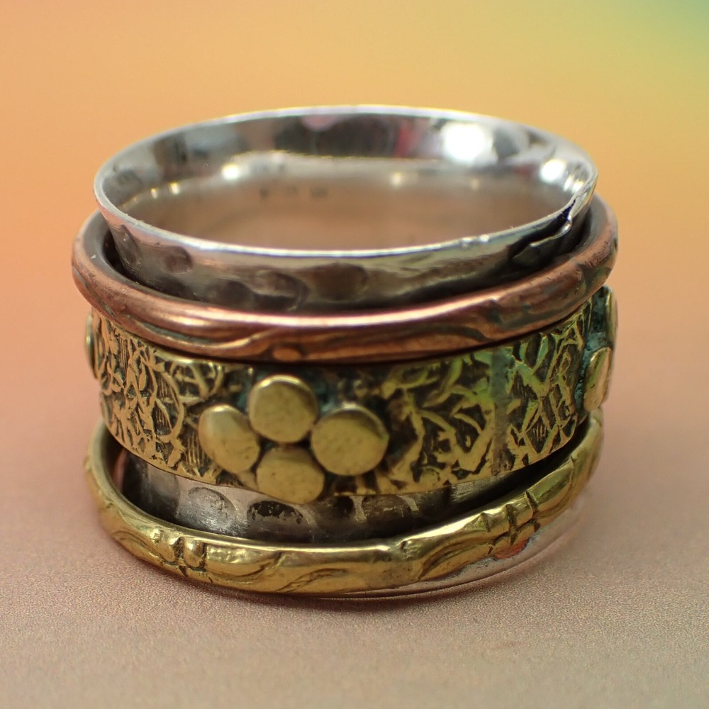 Spinner Band Bohemian Ring Fidget 3-Tone Sterling Silver Copper Brass Size 7