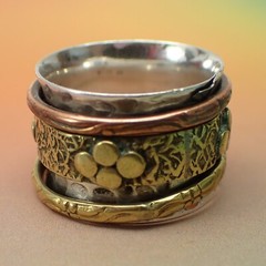 Spinner Band Bohemian Ring Fidget 3-Tone Sterling Silver Copper Brass Size 7