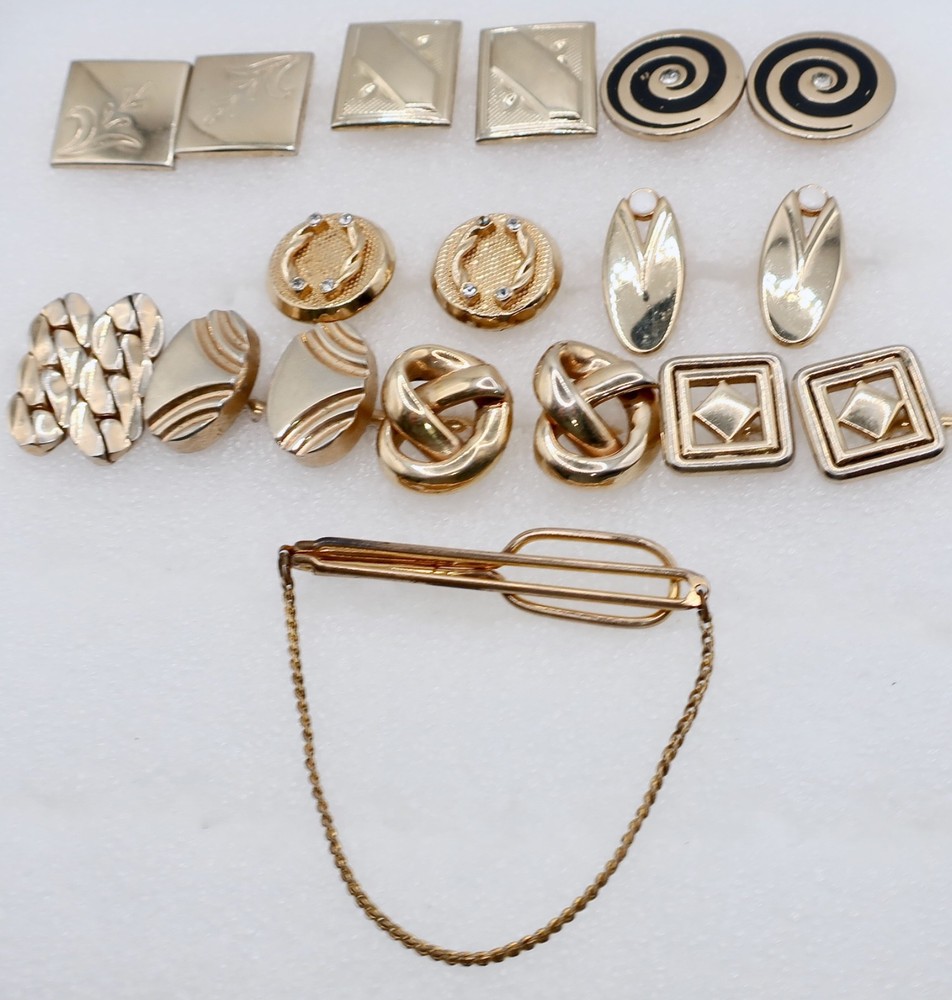 Vintage Mid Century Modern Swank Gold Tone Cufflinks & Tie Bar 10 Piece Lot