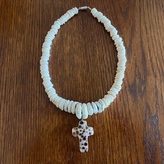 Puka Shell Necklace Vintage 70s w/Hand-Shaped Tiger Cowrie Shell Cross Pendant
