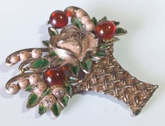 Vintage Gold-tone Flower Basket Brooch w Pink-Peach & Green Enamel, Orange Cabs