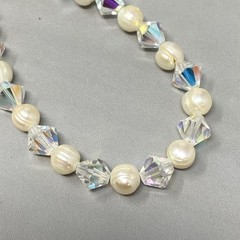 Crystal Glass and Genuine Pearl Beaded Necklace Bracelet Set AB Sterling Clasp