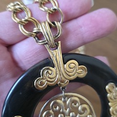 Vinatge Crown Trifari Necklace Large Brown Faux Tortuous Pendant Gold Tone Chain