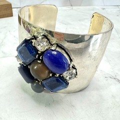 Silver Tone Rhinestone Wide Cuff Bracelet Statement Blue Bezel Cabochon Stones