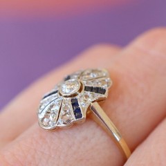 Art Deco Lab Created Diamonds ring with Blue Sapphire 925 Sterling Silver Ring