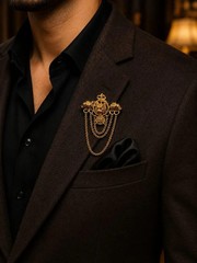 Royal Gold Lion Head Chain Brooch Pin with Elephant Accents | Vintage Men’s Lape