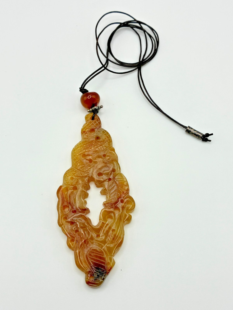 21st & Stone Carved Old Jade Carnelian Bead Leather Cord Silver Accents Necklace