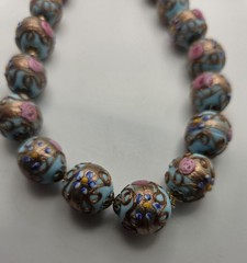 3 pc Set Necklace Earrings Vtg Italy Wedding Cake Beads Glass Blue Gold Pink