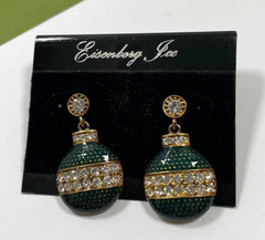 Vintage Signed Eisenberg Ice Green Enamel Christmas Ornament Dangle Earrings