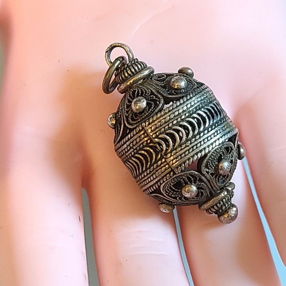 Vintage Ethnic Silver Filigree Orb Pendant Locket 1.5” Ornate Prayer Box Amulet