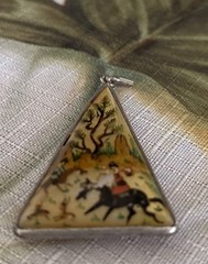 Vintage sterling hand-painted Persian mother-of-pearl 2″ pendant double sided