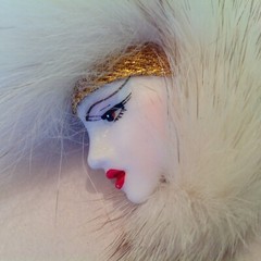 Vintage 1980’s Art Deco Style Lady Profile Brooch Fur Mohawk White Face Eyeliner