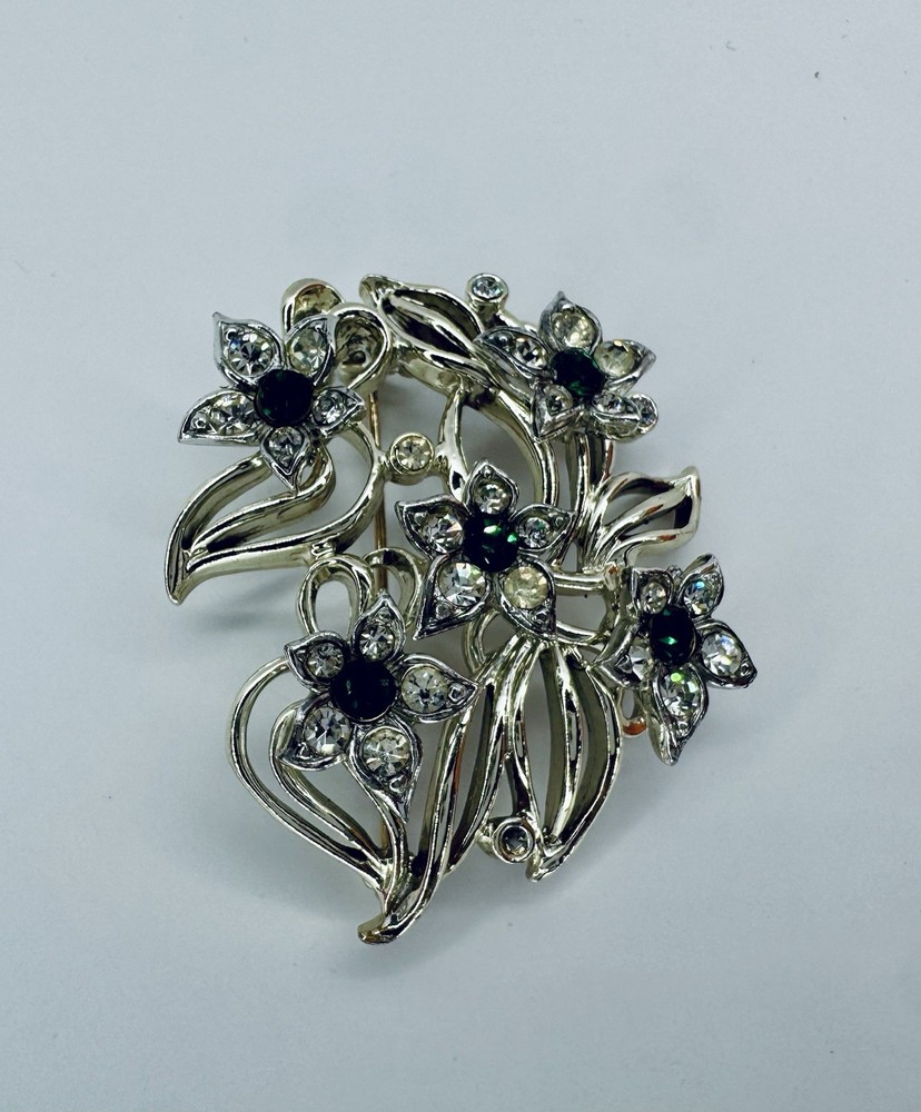 Rare Vintage Kramer Floral Flower Green Clear Rhinestone Silver MCM Brooch Pin