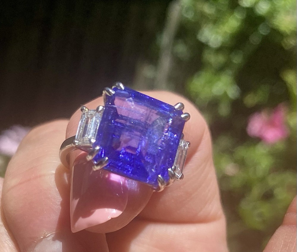 Estate 10.5ct Tanzanite Diamond Baguette Engagement Ring Platinum