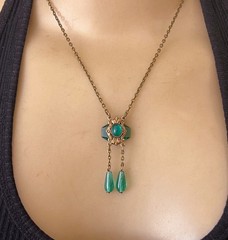 Vintage Necklace Delicate Art Nouveau Brass Pendant Antique Green Czech Glass