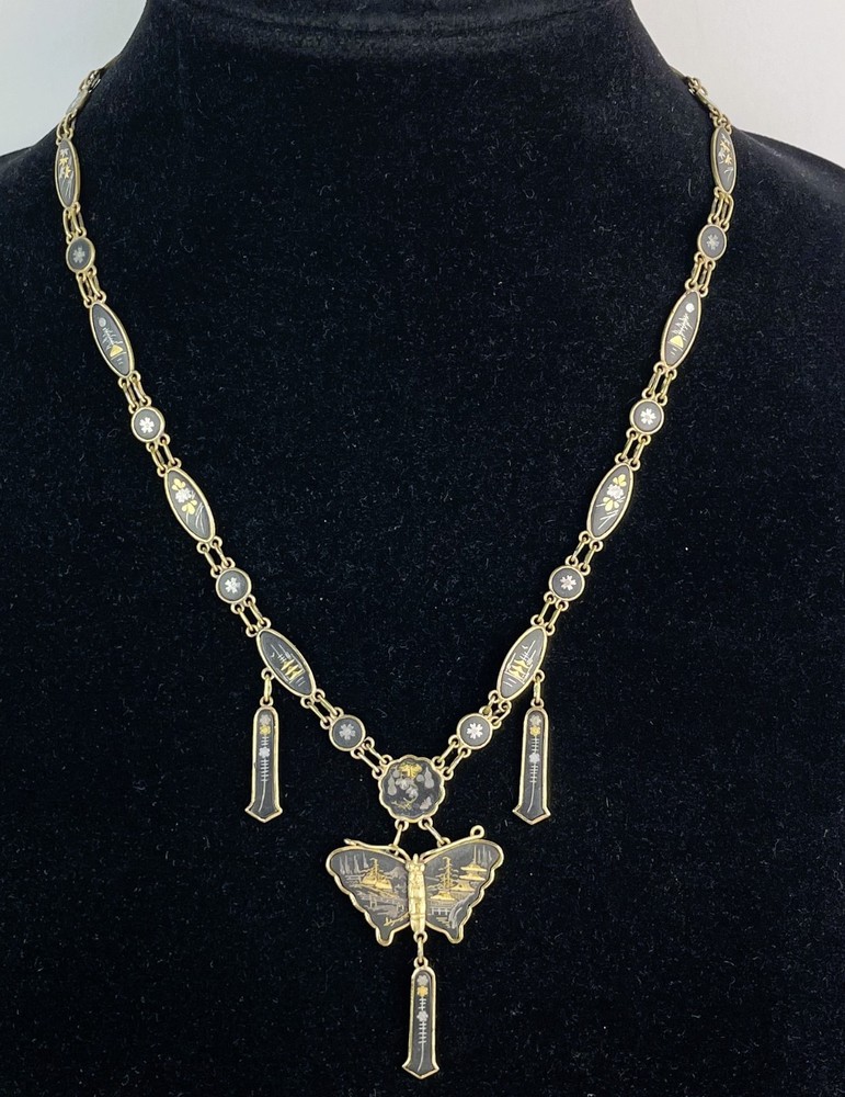 Vtg 50s AMITA 24K Sterling Silver inlay Butterfly Damascene Japan Necklace 20″