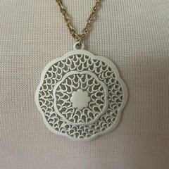 Vintage Large Round White Filigree Statement Pendant Gold Tone Necklace