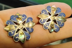 Alpaca Silver Abalone & Lapis Lazuli Flower Screw Back Earrings Repair