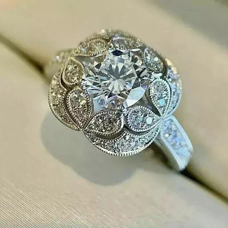 Vintage Art Deco Style Lab Created Diamond Anniversary 14K White Gold FN Ring